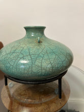 Load image into Gallery viewer, Mid Century Celadon Raku Crackle Amphora Vessel with Iron Stand