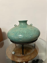 Load image into Gallery viewer, Mid Century Celadon Raku Crackle Amphora Vessel with Iron Stand