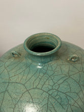Load image into Gallery viewer, Mid Century Celadon Raku Crackle Amphora Vessel with Iron Stand