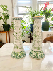Vintage Tall Green and White Porcelain Chinoiserie Candlestick Holders