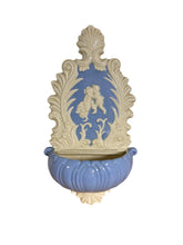 Load image into Gallery viewer, Blue and White Ceramic Cherub Water Font Wall Pocket
