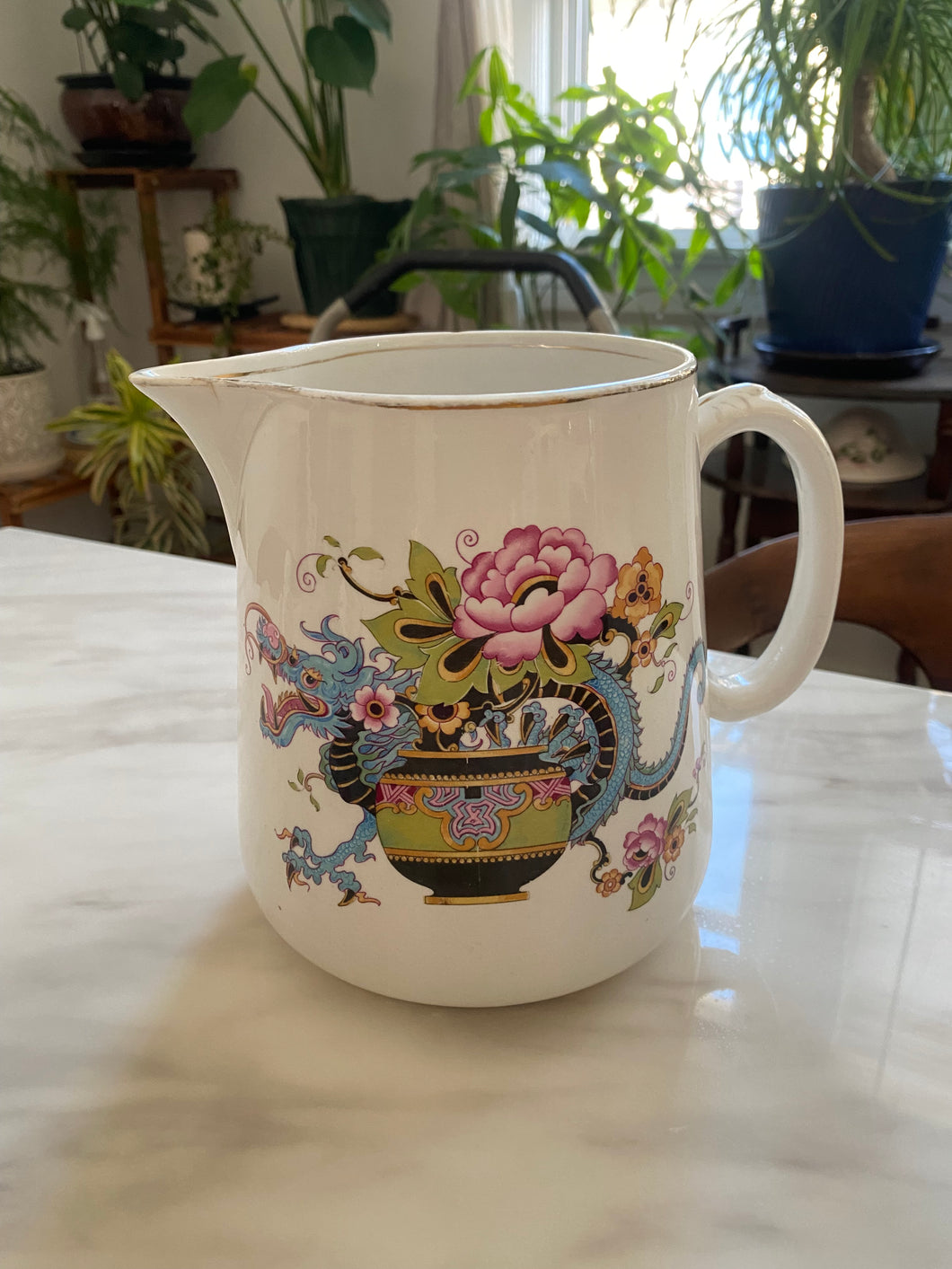 Vintage Dragon Floral Pitcher Vase