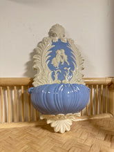 Load image into Gallery viewer, Blue and White Ceramic Cherub Water Font Wall Pocket
