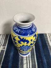 Load image into Gallery viewer, 90s Blue and Yellow Porcelain Lotus Design Vase
