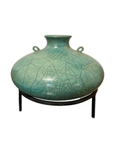 Load image into Gallery viewer, Mid Century Celadon Raku Crackle Amphora Vessel with Iron Stand
