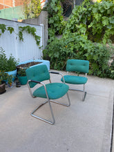 Load image into Gallery viewer, Mid century Steelcase teal and chrome cantilever chairs
