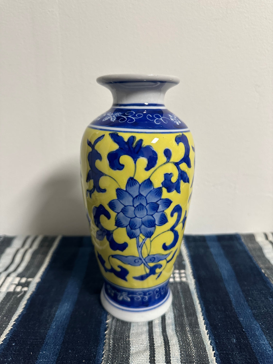 90s Blue and Yellow Porcelain Lotus Design Vase