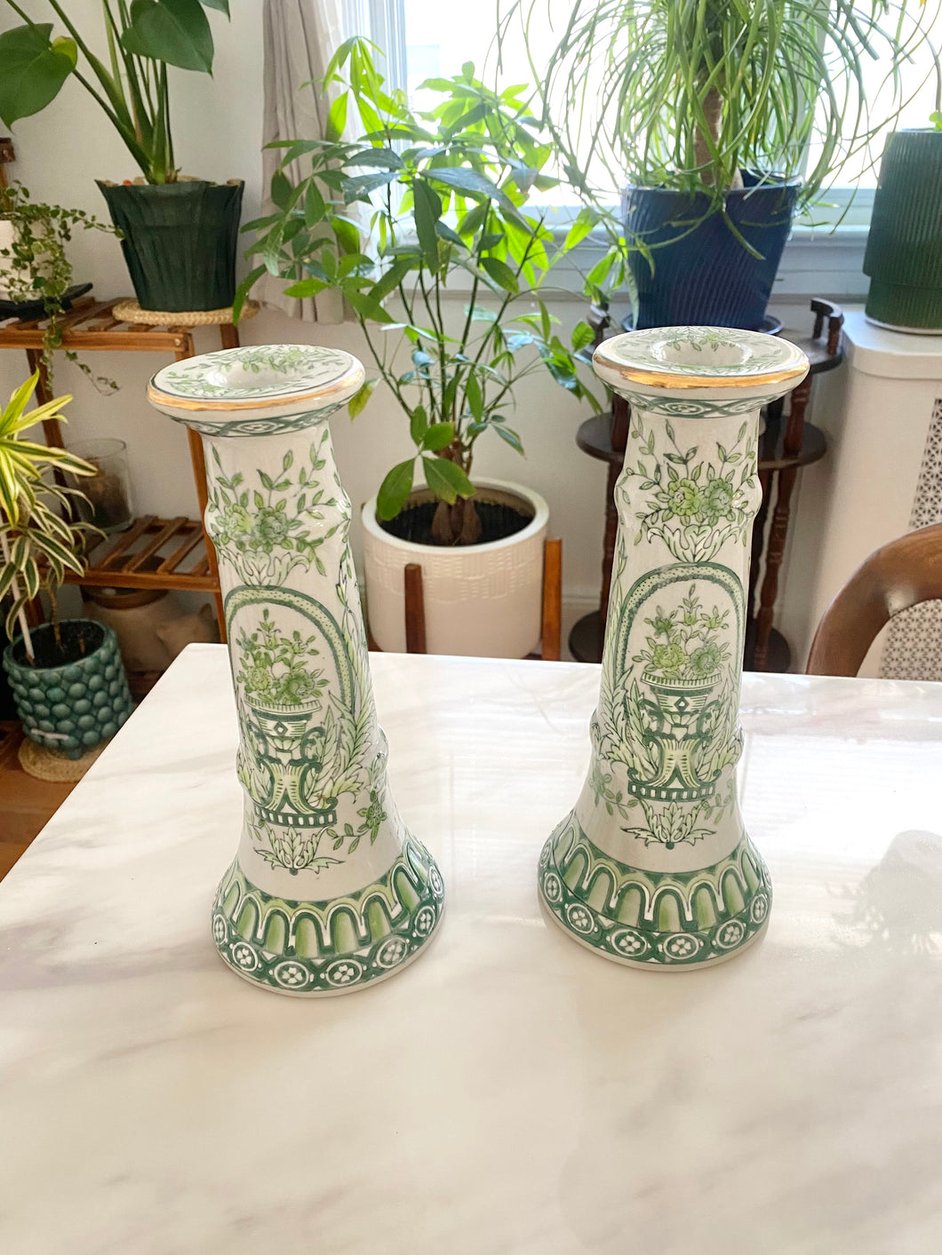 Vintage Tall Green and White Porcelain Chinoiserie Candlestick Holders
