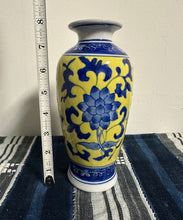 Load image into Gallery viewer, 90s Blue and Yellow Porcelain Lotus Design Vase
