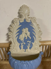 Load image into Gallery viewer, Blue and White Ceramic Cherub Water Font Wall Pocket
