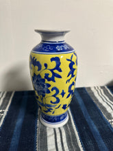 Load image into Gallery viewer, 90s Blue and Yellow Porcelain Lotus Design Vase
